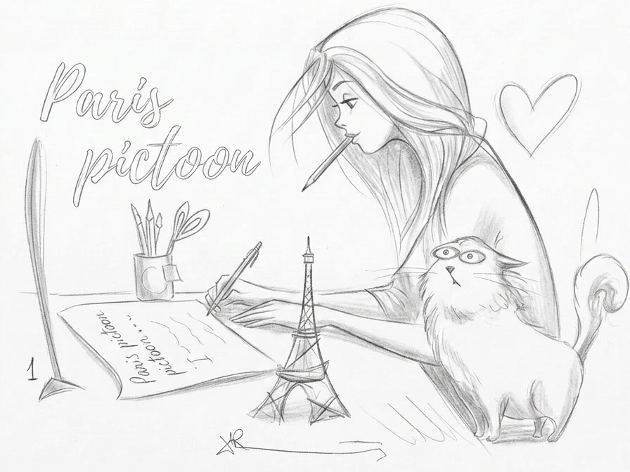 esquisses crayon Femme dessinant à Paris avec un chat et la tour Eiffel en arrière-plan.